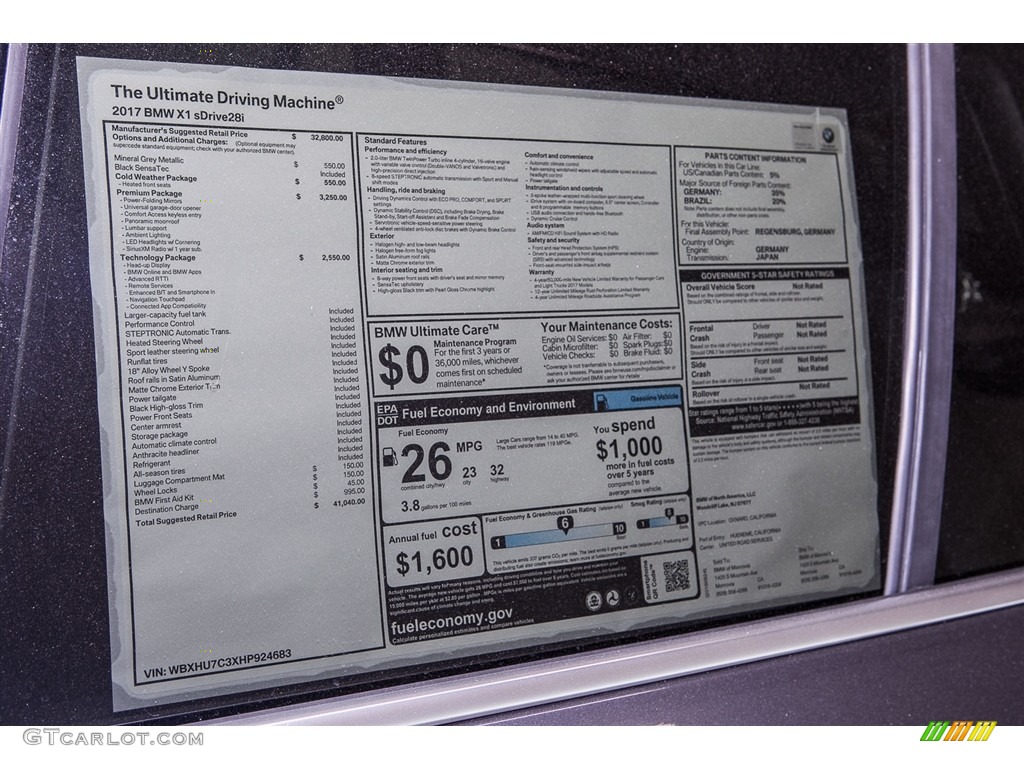 2017 BMW X1 sDrive28i Window Sticker Photo #115637103