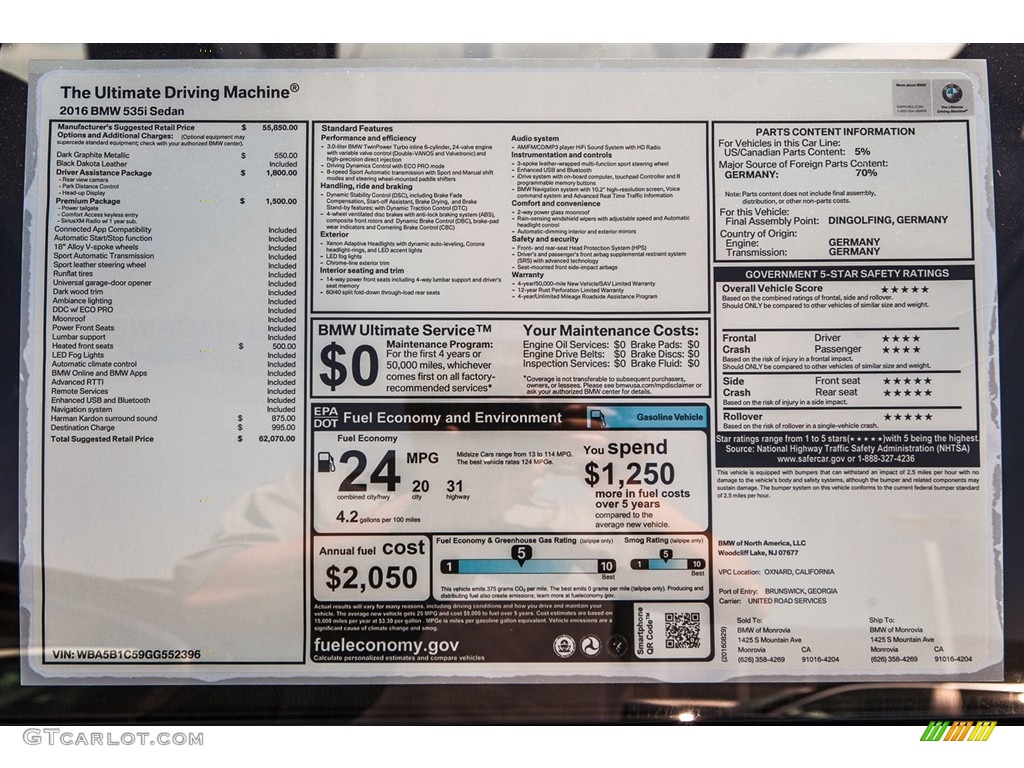 2016 5 Series 535i Sedan - Dark Graphite Metallic / Black photo #11