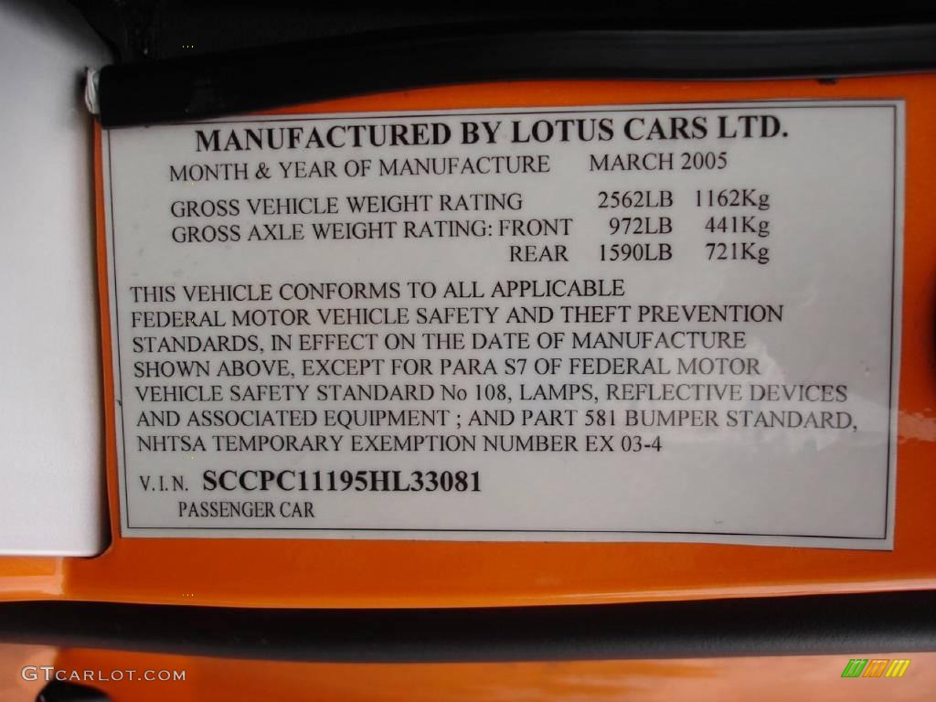 2005 Lotus Elise Standard Elise Model Info Tag Photo #11566777