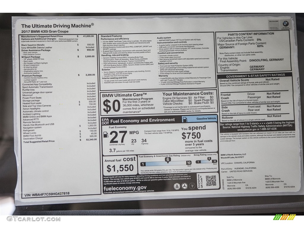 2017 BMW 4 Series 430i Gran Coupe Window Sticker Photo #115668127