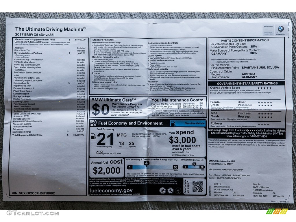 2017 BMW X5 sDrive35i Window Sticker Photo #115668469