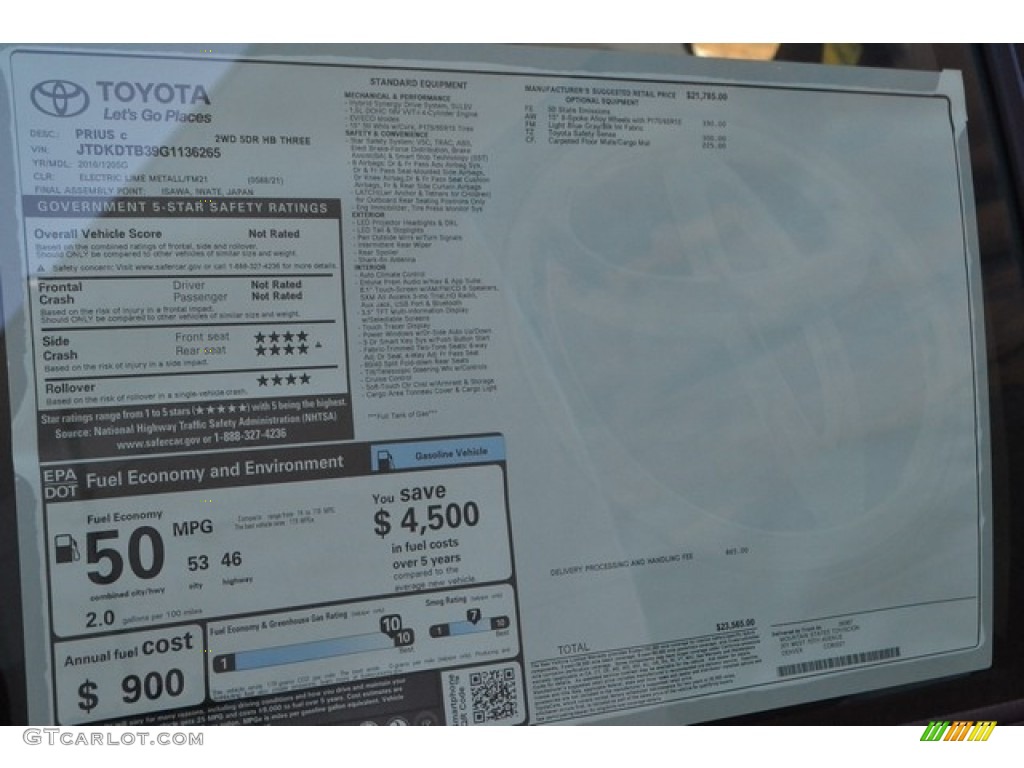 2016 Prius c Three - Electric Lime Metallic / Black photo #10