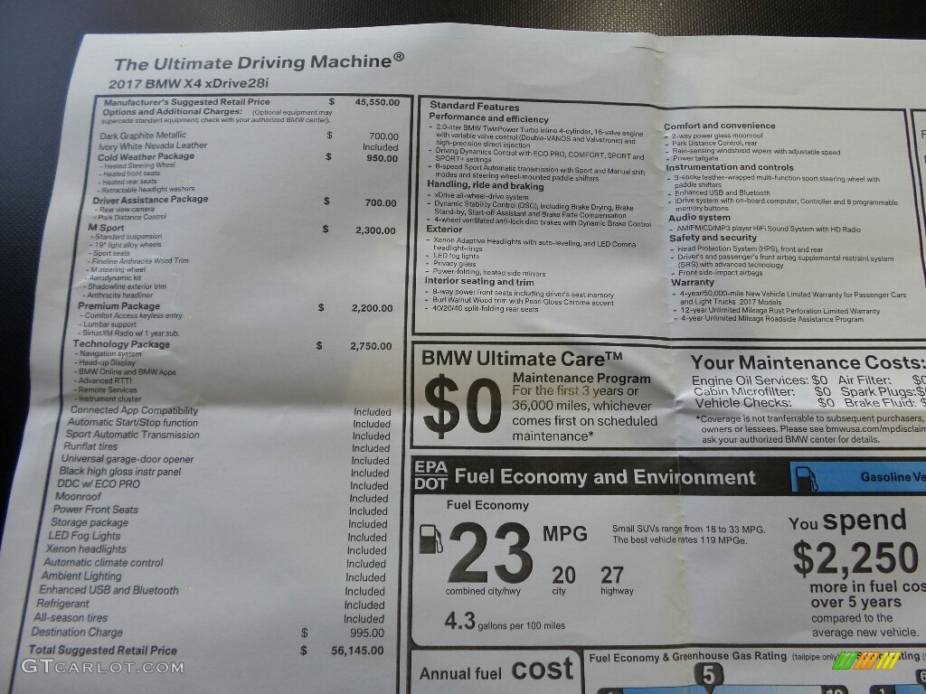 2017 BMW X4 xDrive28i Window Sticker Photo #115669279