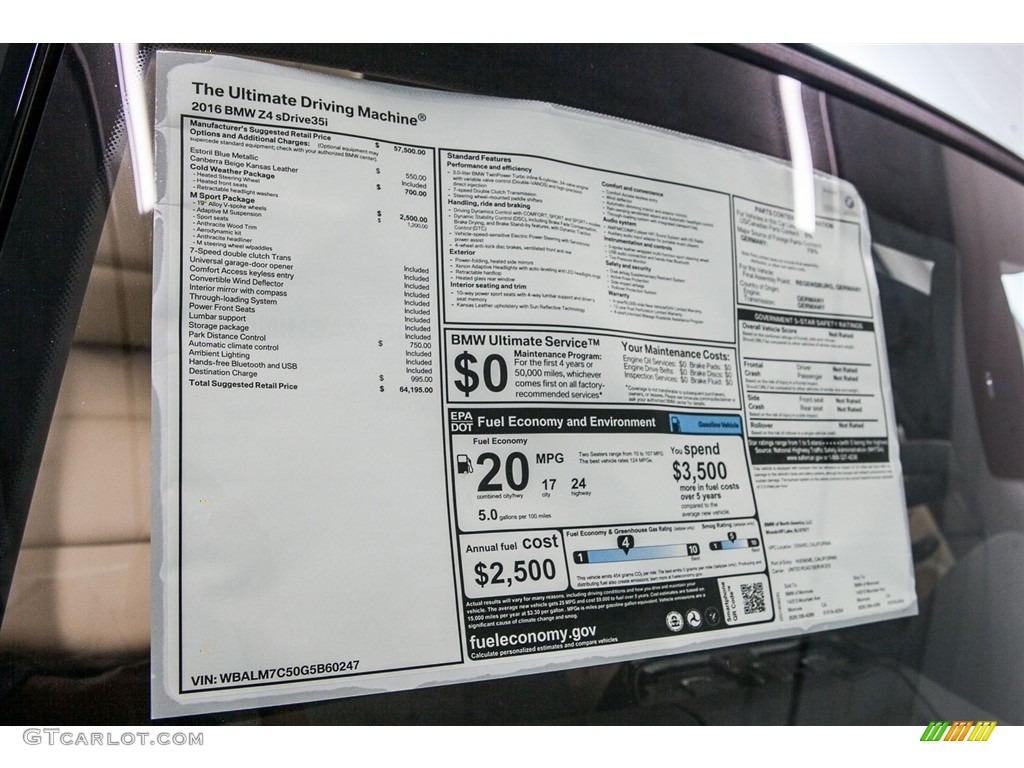 2016 BMW Z4 sDrive35i Window Sticker Photo #115671481
