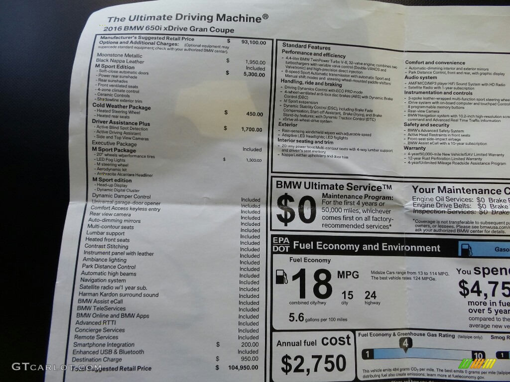 2016 BMW 6 Series 650i xDrive Gran Coupe Window Sticker Photos