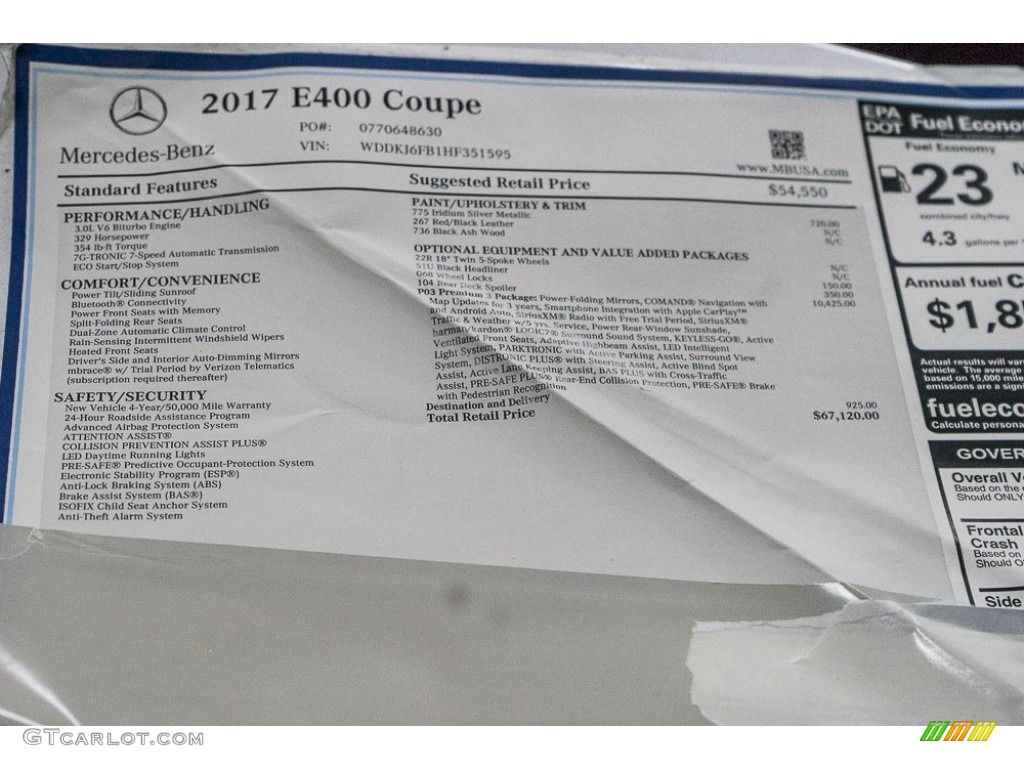 2017 Mercedes-Benz E 400 Coupe Window Sticker Photo #115680619