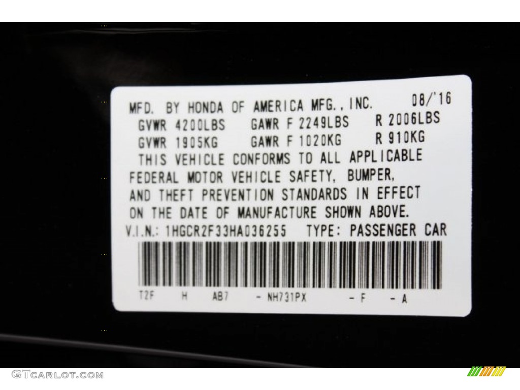 2017 Accord Color Code NH731PX for Crystal Black Pearl Photo #115681213