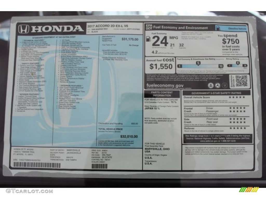 2017 Honda Accord EX-L V6 Coupe Window Sticker Photo #115682191