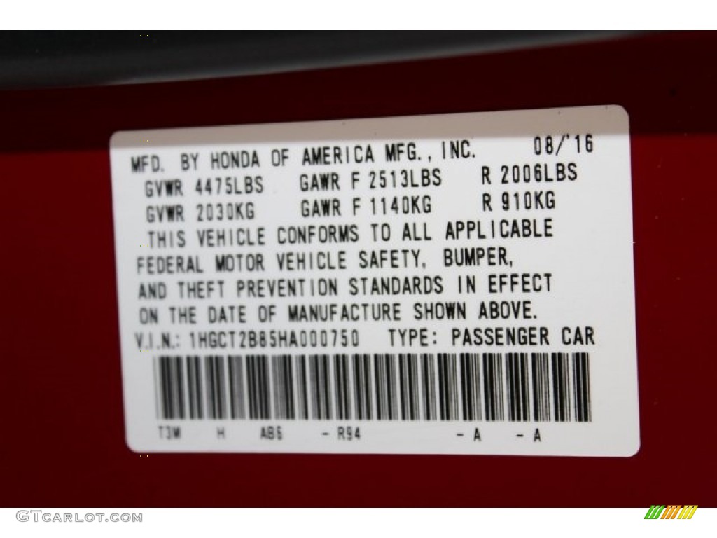 2017 Accord Color Code R94 for San Marino Red Photo #115682206
