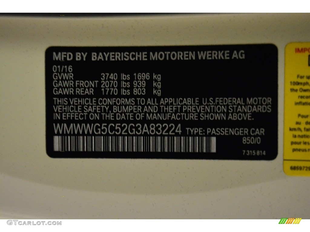 2016 Convertible Color Code 850 for Pepper White Photo #115683583