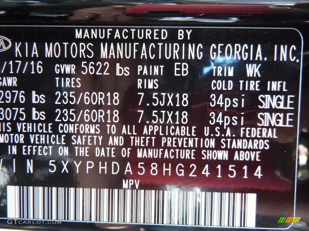 2017 Sorento Color Code EB for Ebony Black Photo #115688749