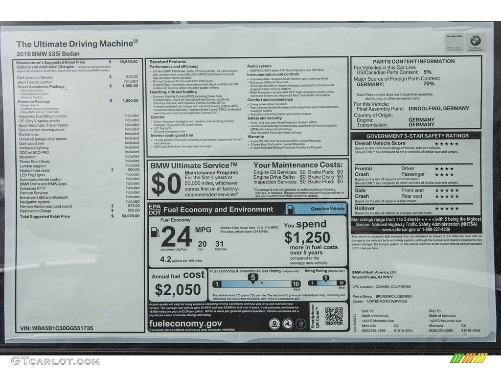 2016 5 Series 535i Sedan - Dark Graphite Metallic / Black photo #11