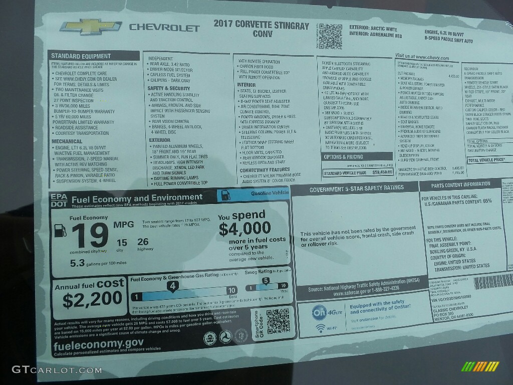 2017 Chevrolet Corvette Stingray Convertible Window Sticker Photo #115706517