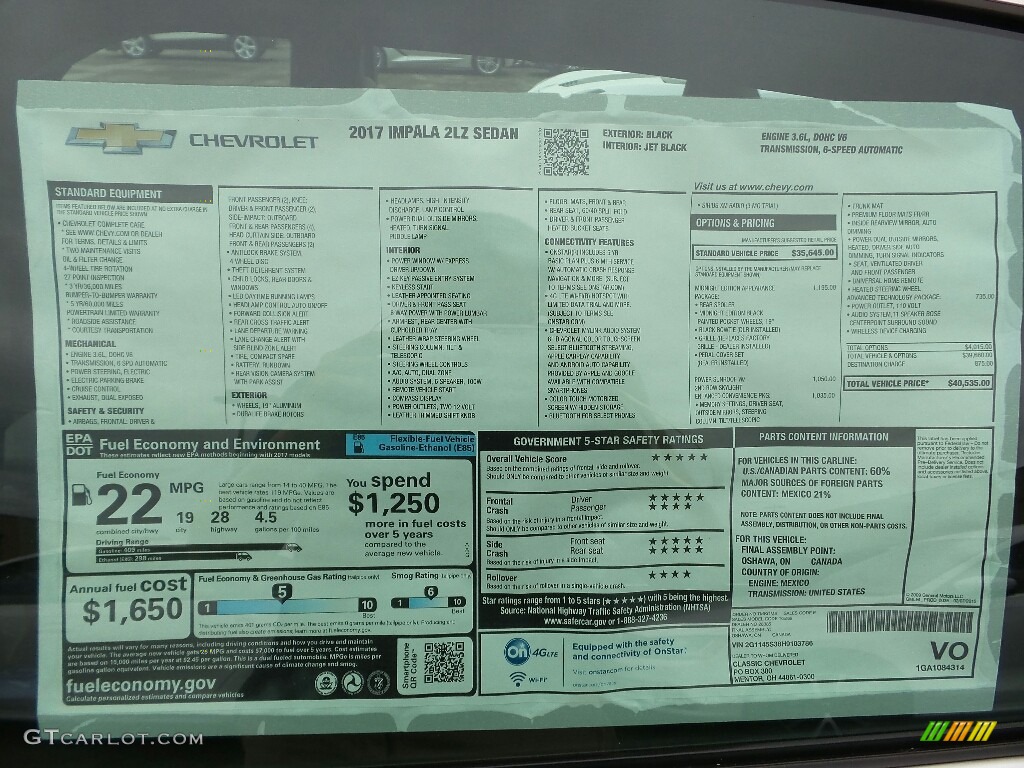 2017 Chevrolet Impala LZ Window Sticker Photo #115709286