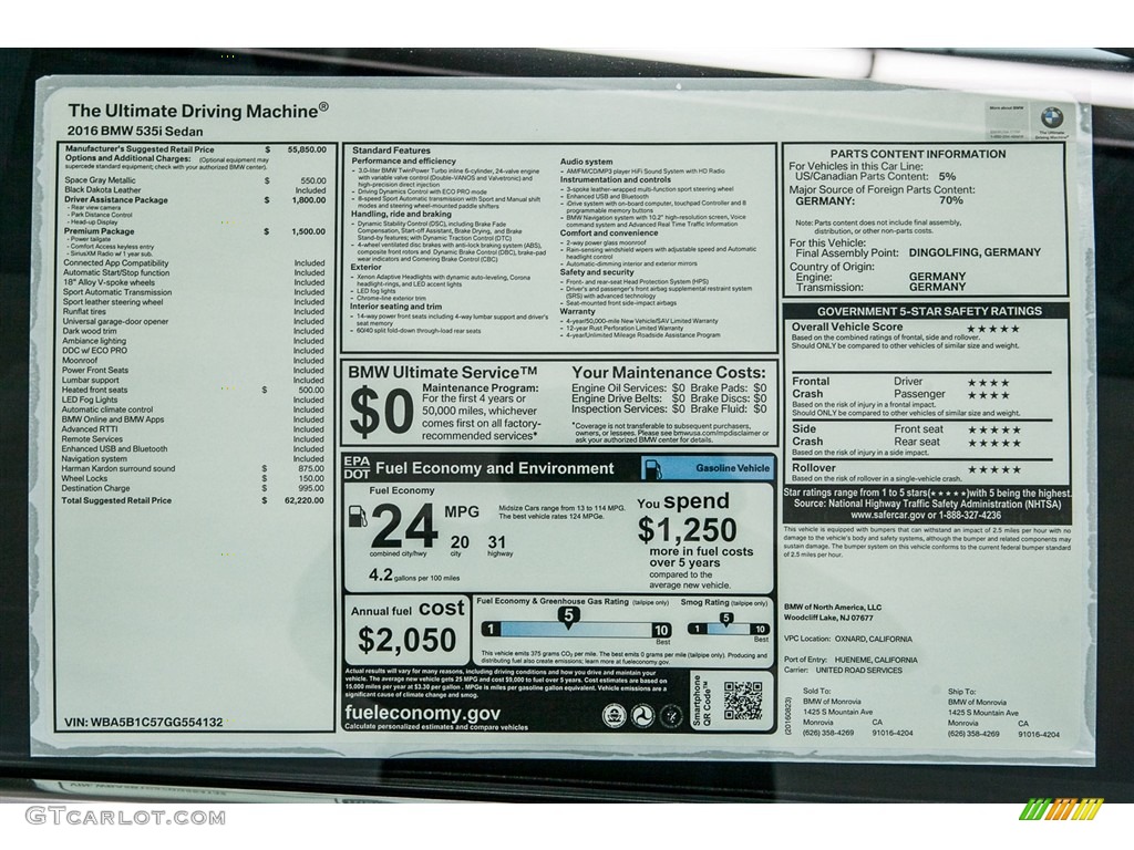 2016 5 Series 535i Sedan - Space Grey Metallic / Black photo #11