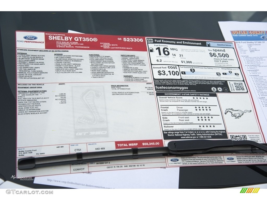 2016 Ford Mustang Shelby GT350 Window Sticker Photo #115756924