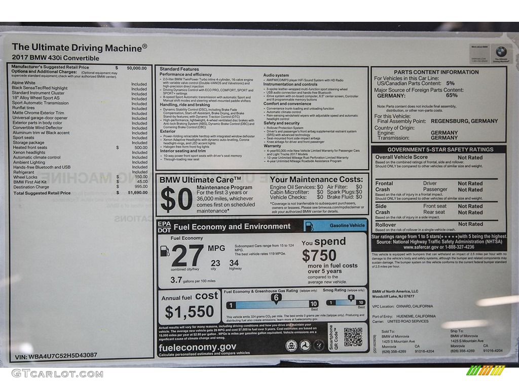 2017 BMW 4 Series 430i Convertible Window Sticker Photo #115764803