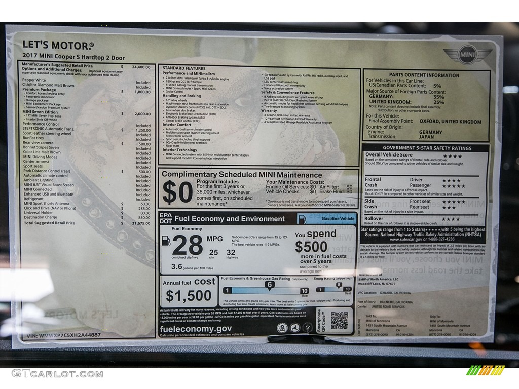 2017 Mini Hardtop Cooper S 2 Door Window Sticker Photo #115765139