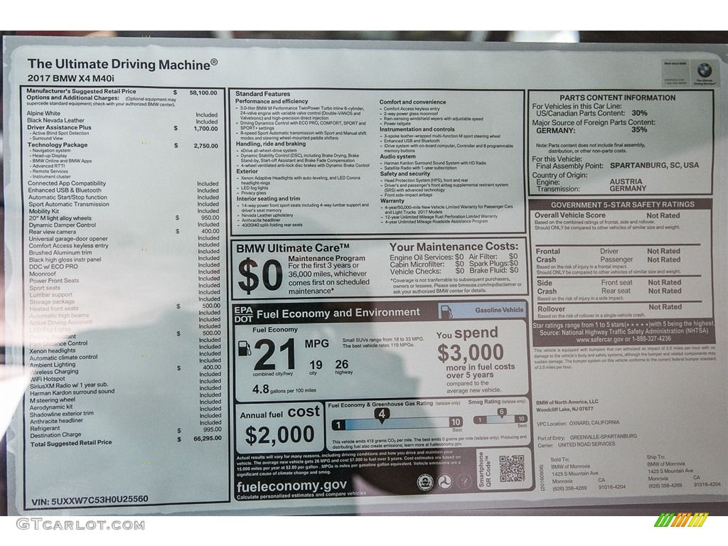 2017 BMW X4 M40i Window Sticker Photos