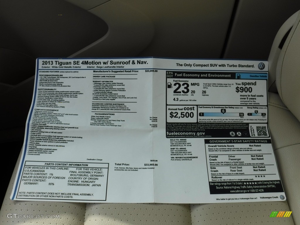 2013 Volkswagen Tiguan SE 4Motion Window Sticker Photo #115783470