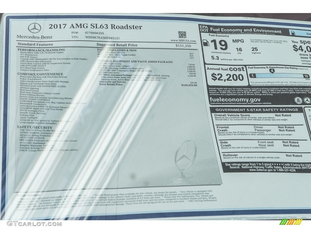 2017 Mercedes-Benz SL 63 AMG Roadster Window Sticker Photo #115795734