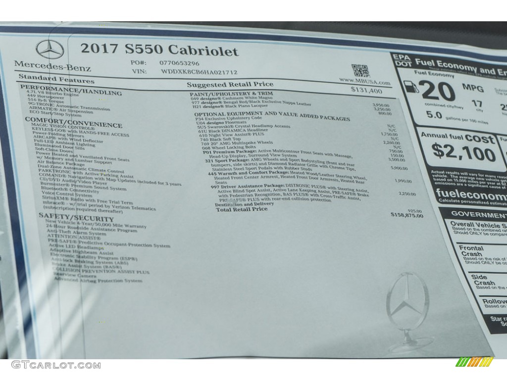 2017 Mercedes-Benz S 550 Cabriolet Window Sticker Photo #115796790
