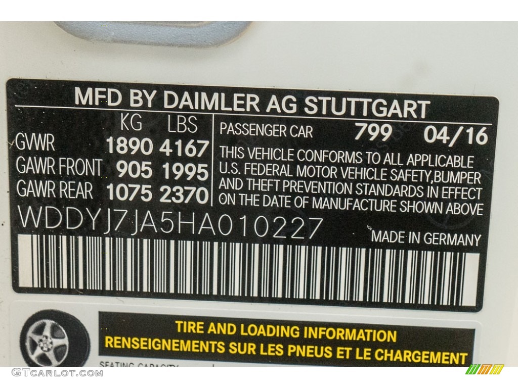 2017 AMG GT Color Code 799 for designo Diamond White Metallic Photo #115796997