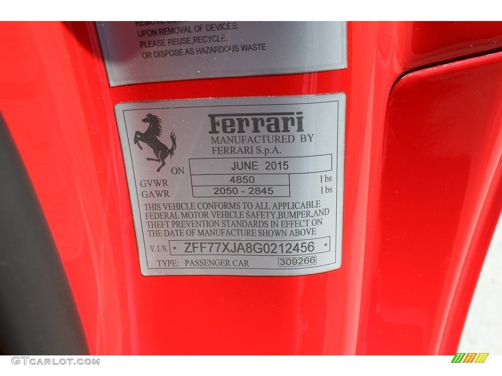 2016 Ferrari California T Info Tag Photo #115797015