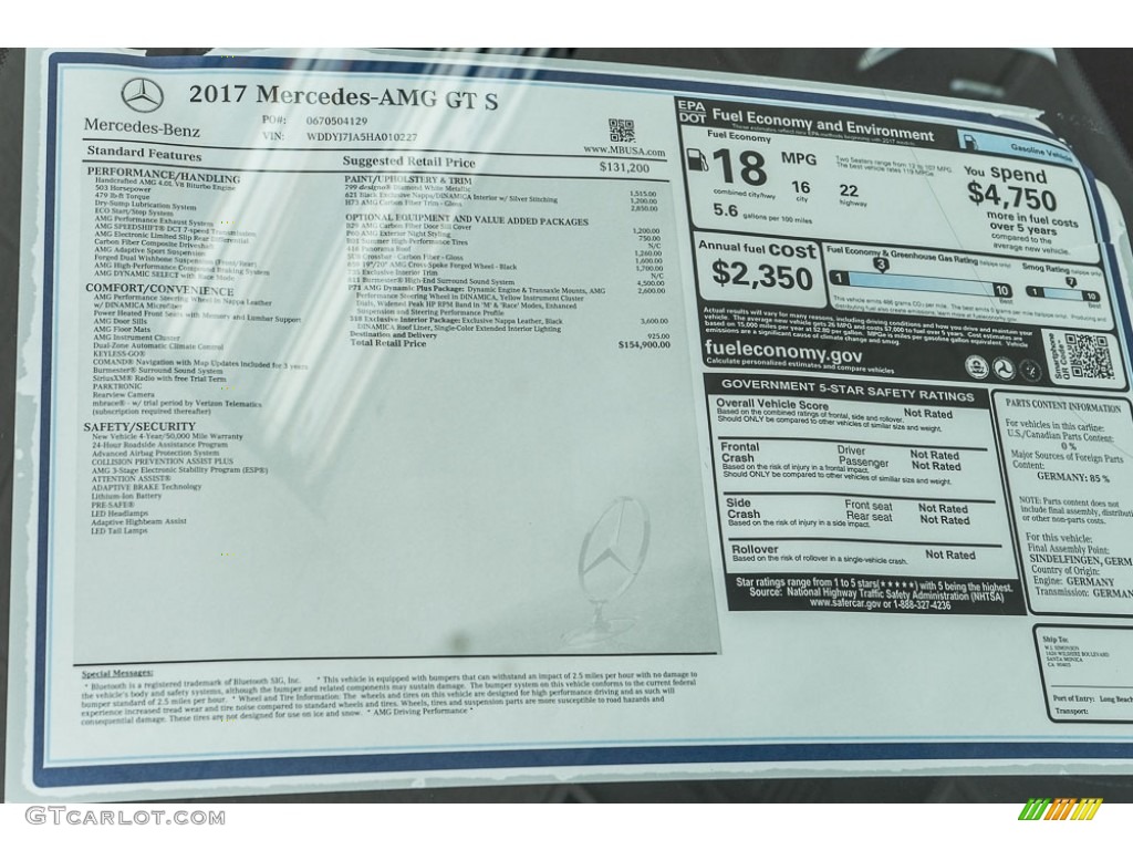 2017 Mercedes-Benz AMG GT S Coupe Window Sticker Photo #115797144