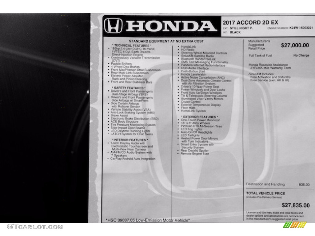 2017 Honda Accord EX Coupe Window Sticker Photo #115809290