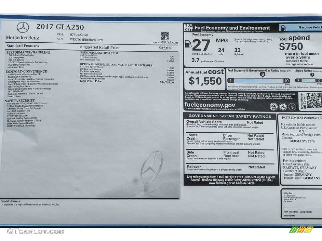2017 Mercedes-Benz GLA 250 Window Sticker Photo #115855210