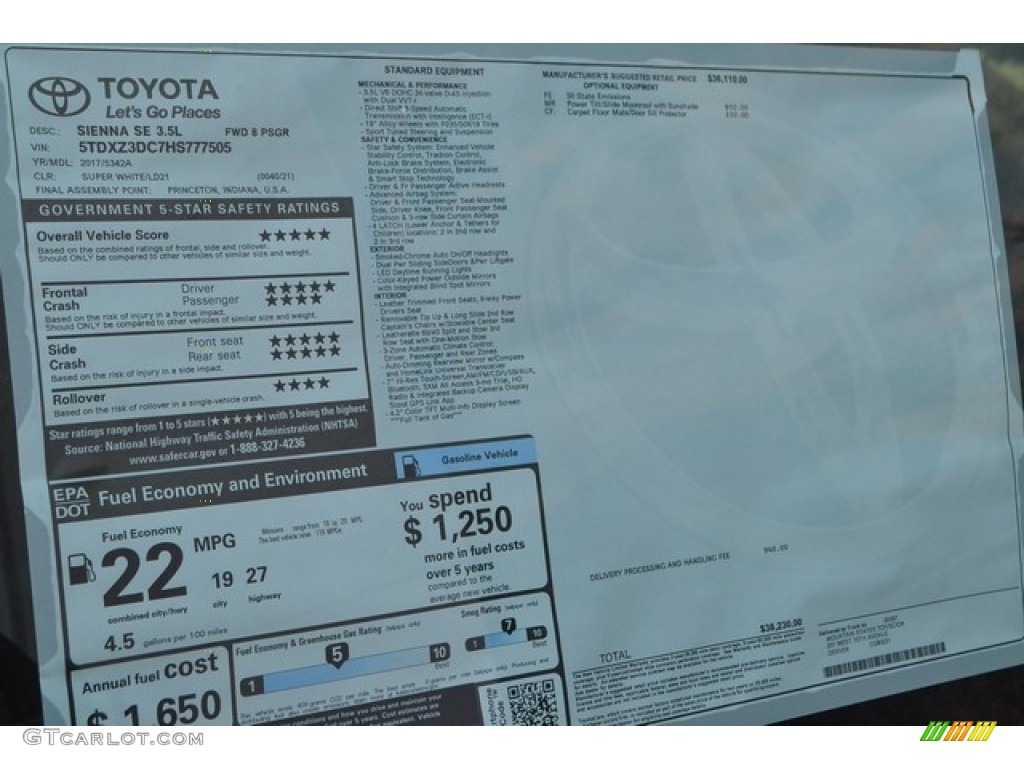 2017 Toyota Sienna SE Window Sticker Photo #115873548