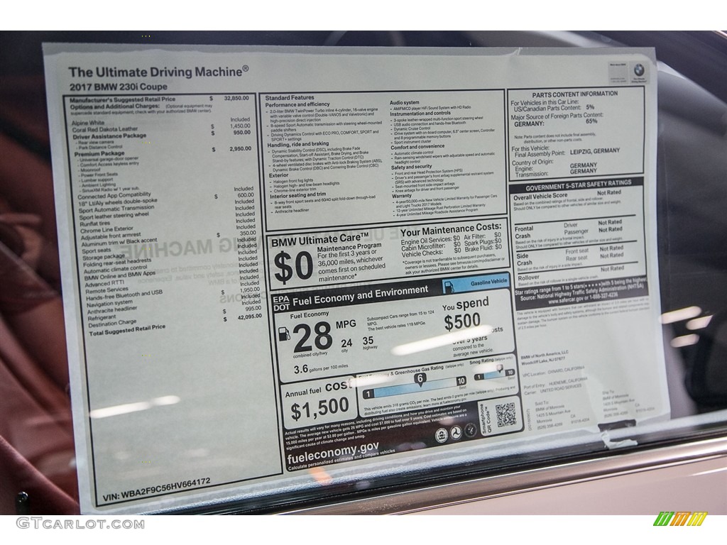 2017 BMW 2 Series 230i Coupe Window Sticker Photo #115876743
