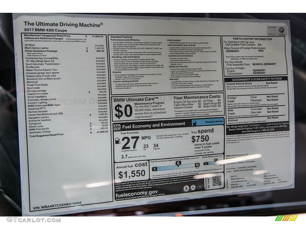 2017 BMW 4 Series 430i Coupe Window Sticker Photo #115877352
