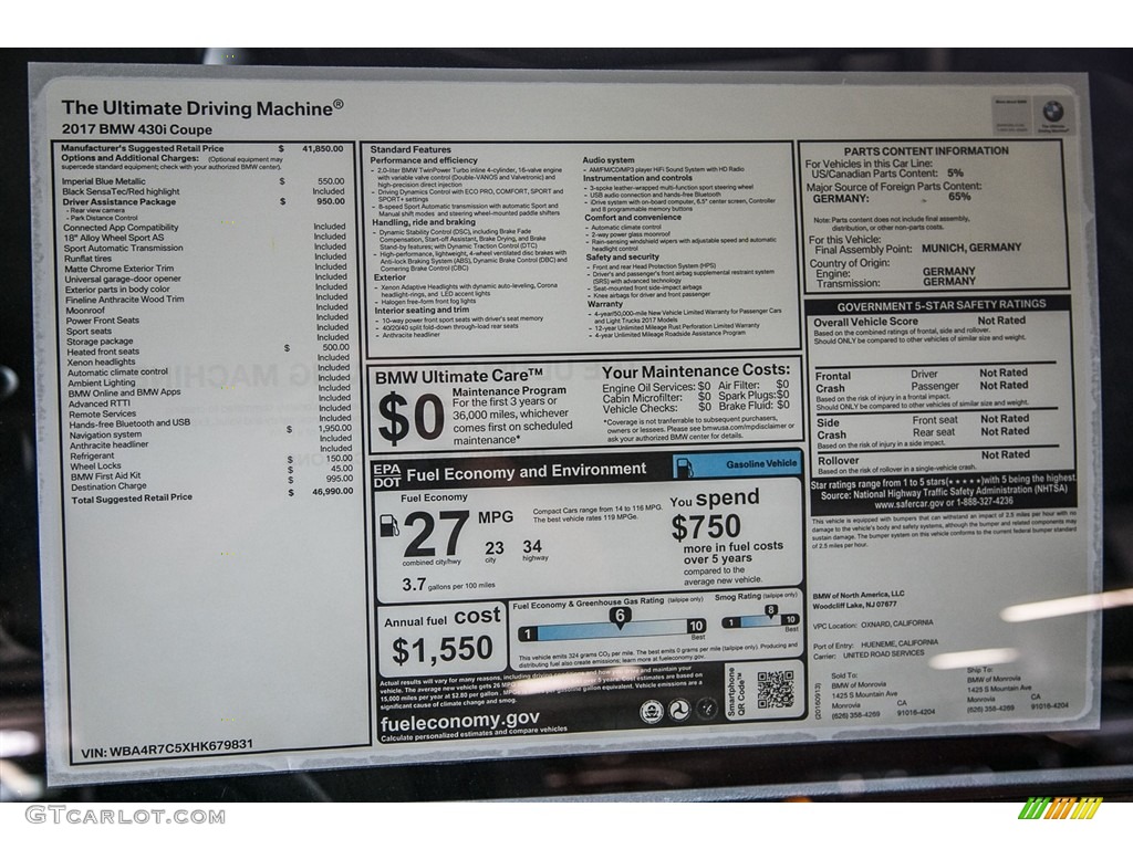 2017 BMW 4 Series 430i Coupe Window Sticker Photo #115877664