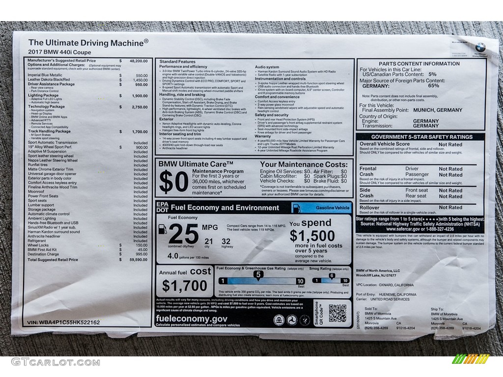 2017 BMW 4 Series 440i Coupe Window Sticker Photo #115878834