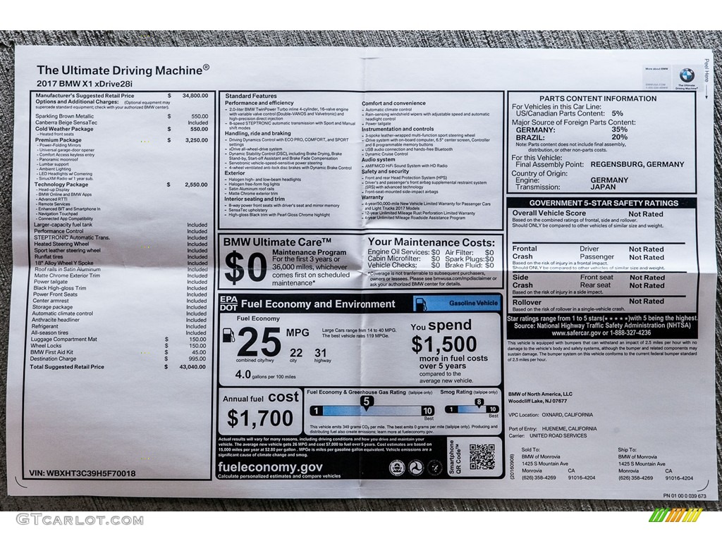 2017 BMW X1 xDrive28i Window Sticker Photo #115880805