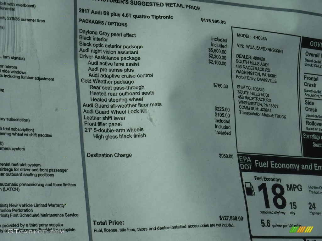 2017 Audi S8 plus 4.0T quattro Window Sticker Photos