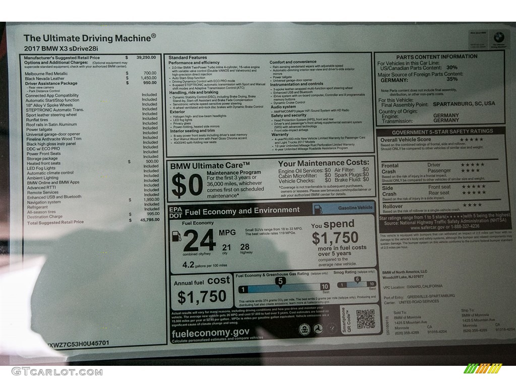2017 BMW X3 sDrive28i Window Sticker Photo #115881913