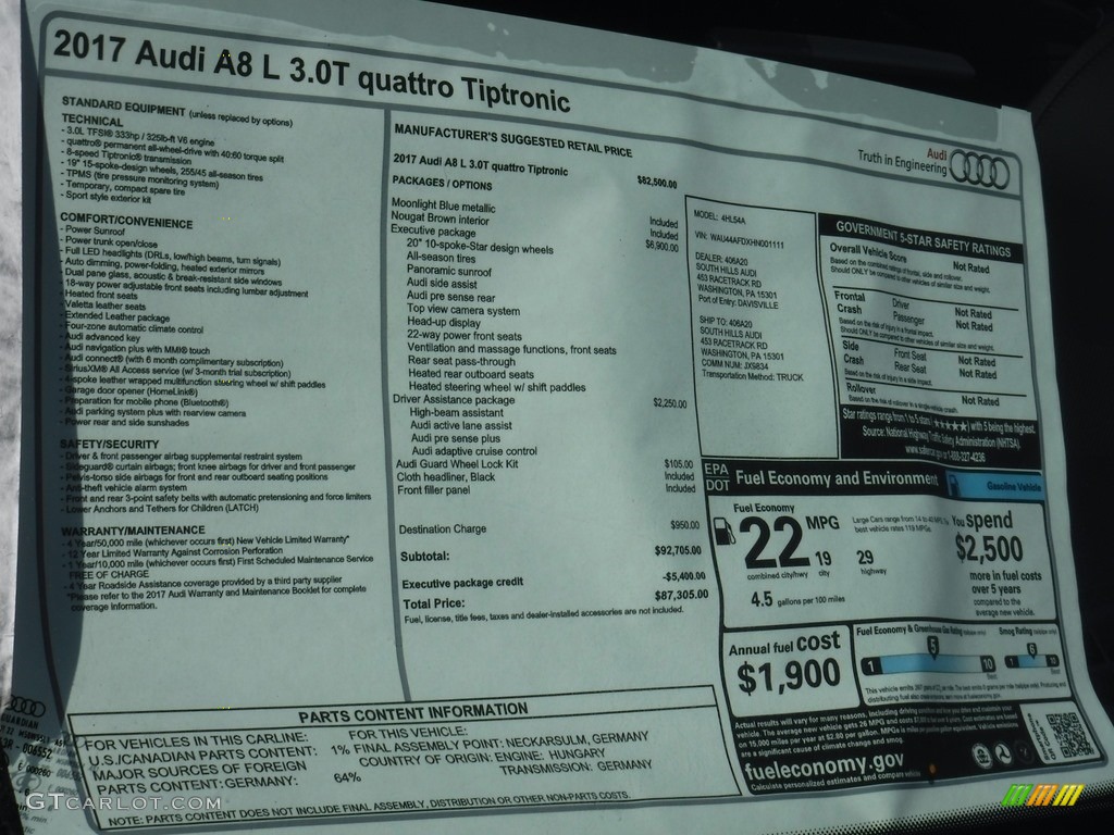 2017 Audi A8 L 3.0T quattro Window Sticker Photo #115882878