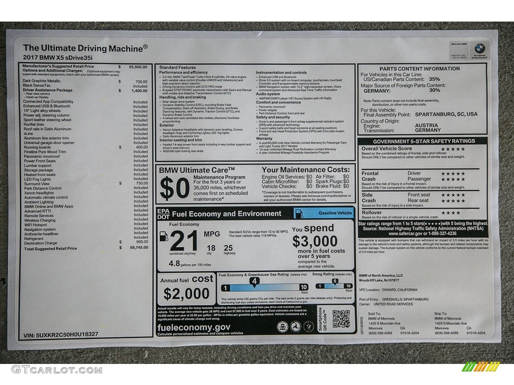 2017 BMW X5 sDrive35i Window Sticker Photo #115882887