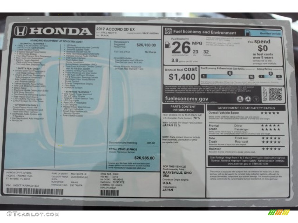 2017 Honda Accord EX Coupe Window Sticker Photo #115918091