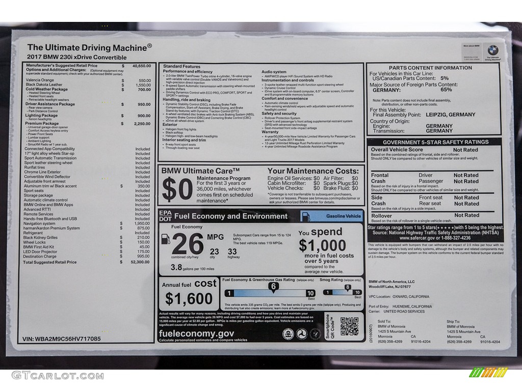 2017 BMW 2 Series 230i xDrive Convertible Window Sticker Photo #115934049
