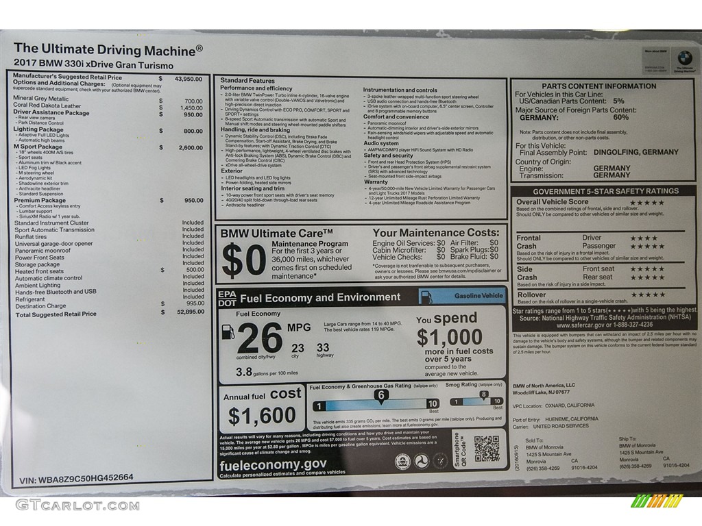 2017 BMW 3 Series 330i xDrive Gran Turismo Window Sticker Photo #115935459