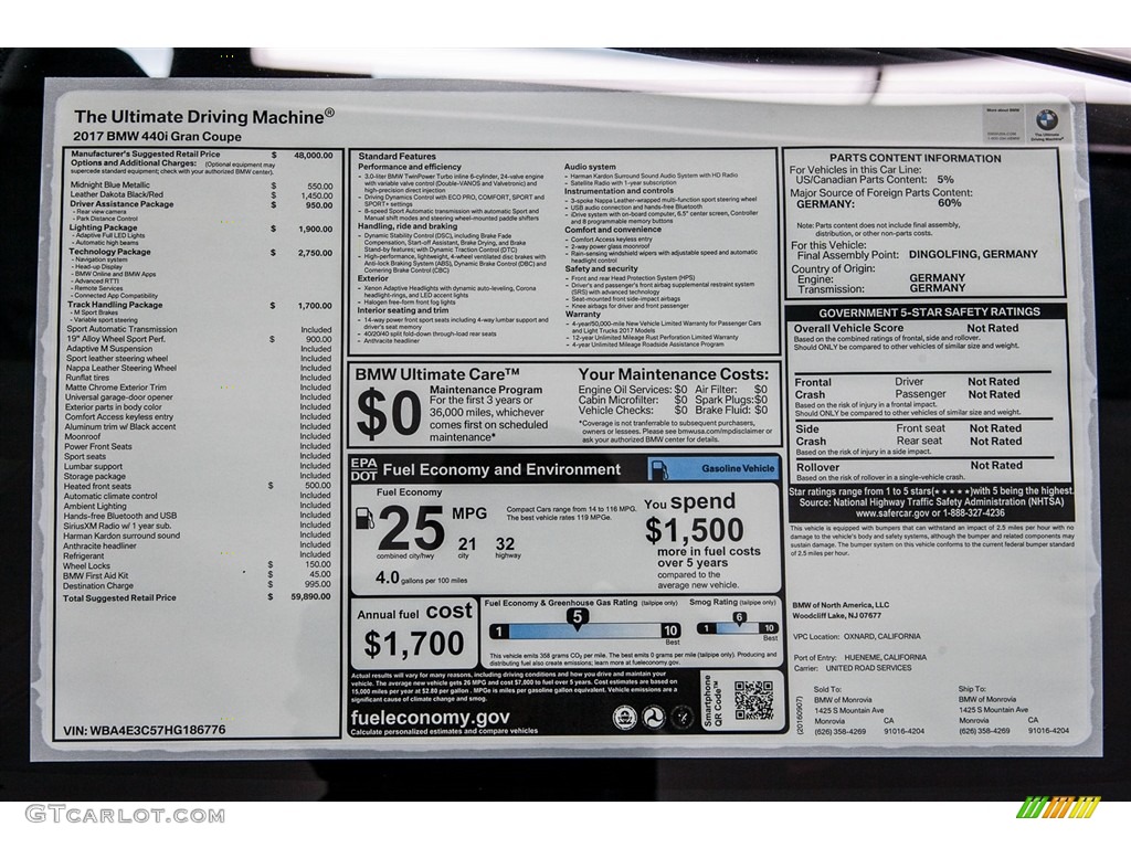 2017 BMW 4 Series 440i Gran Coupe Window Sticker Photo #115935777