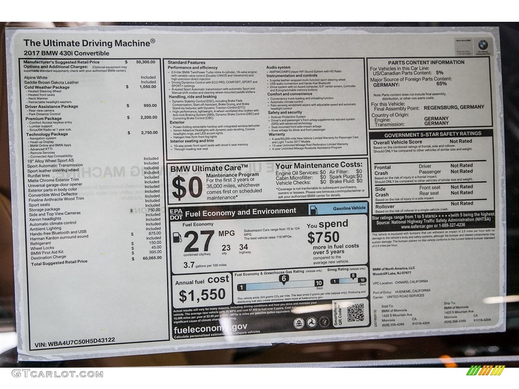 2017 BMW 4 Series 430i Convertible Window Sticker Photo #115936110