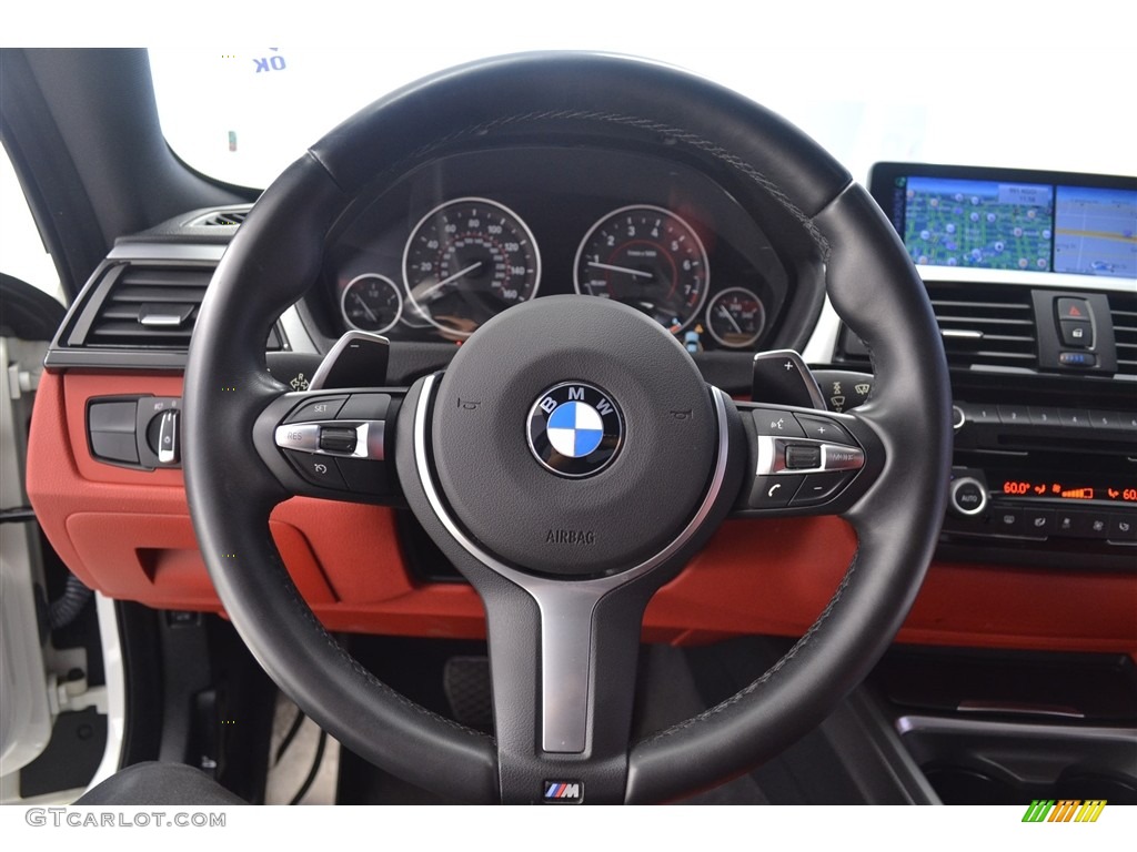 2015 BMW 4 Series 435i Coupe Coral Red/Black Highlight Steering Wheel Photo #115962573