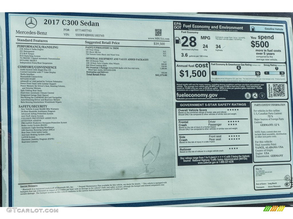 2017 Mercedes-Benz C 300 Sedan Window Sticker Photo #115964595