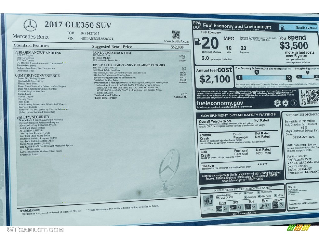 2017 Mercedes-Benz GLE 350 Window Sticker Photo #115965837