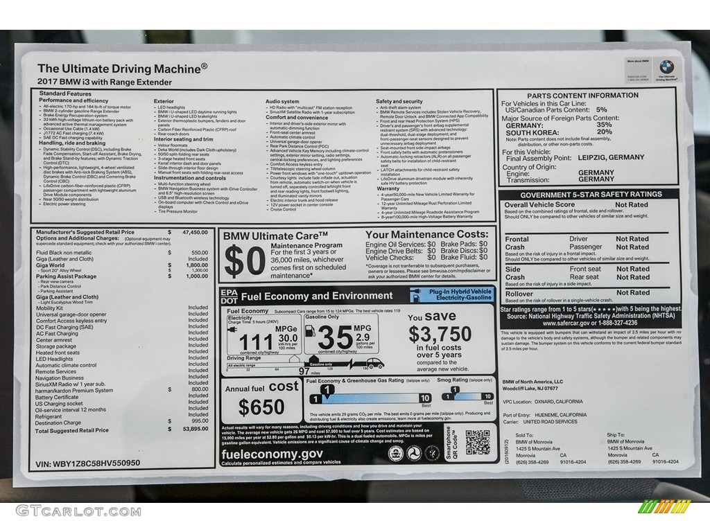 2017 BMW i3 with Range Extender Window Sticker Photo #115972339